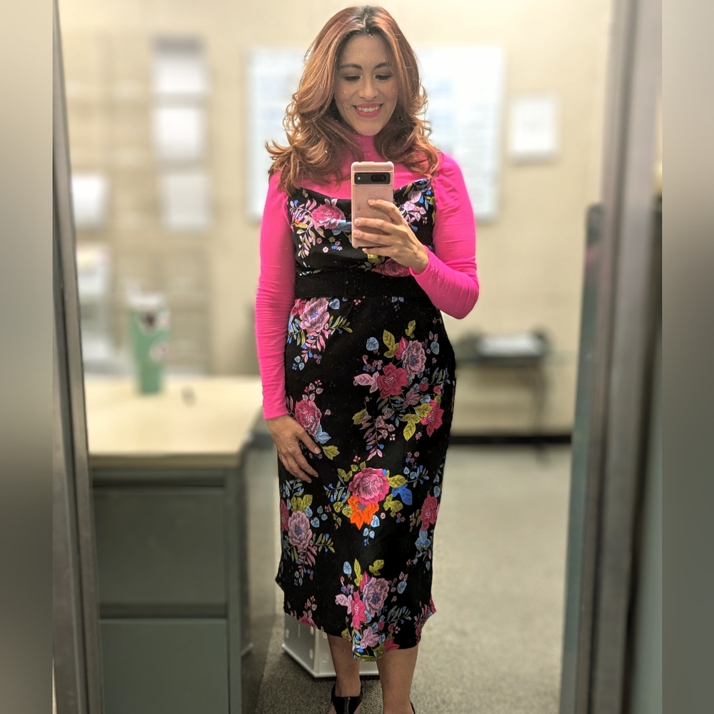 Floral Black Satin Midi Dress